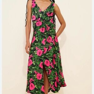 Anthropologie Black Midi Dress with Hot Pink Floral Print